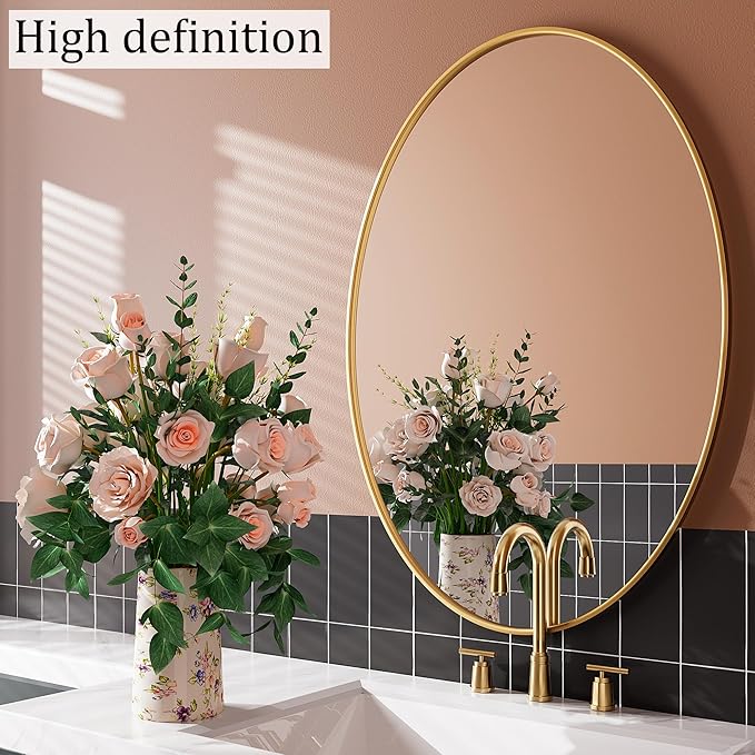 AUYHM Gold 20x28 inch Oval Bathroom Mirror, Wall Mount Home Mirror for Over Sink, High Definition Art Deco Mirror with Aluminum Frame