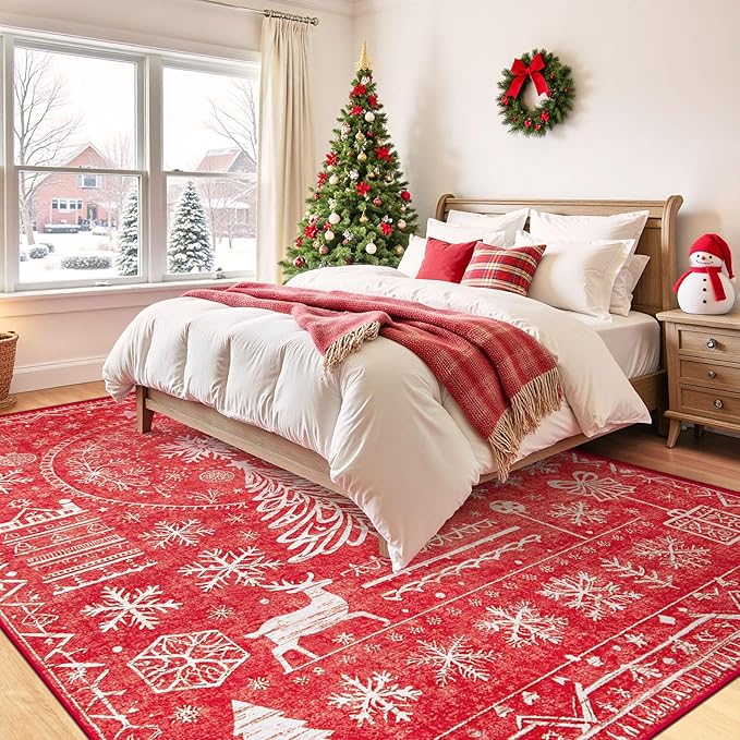 Christmas Area Rug for Living Room 6x9: Large Washable Xmas Rugs Boho Moroccan Holiday Rug Soft Non Slip Carpet for Bedroom Dining Table Home(Xmas Red, 6'X9')