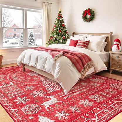 Christmas Area Rug for Living Room 6x9: Large Washable Xmas Rugs Boho Moroccan Holiday Rug Soft Non Slip Carpet for Bedroom Dining Table Home(Xmas Red, 6'X9')