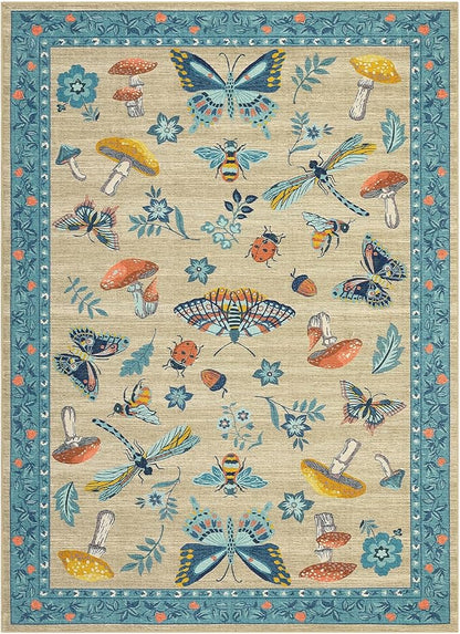 Mushroom Insect Washable Rug 5x7 Area Rugs for Bedroom Non Slip with Rubber Back Low Pile Stain Resistant Butterfly Carpet for Living Room Nursery Kitchen Dining Room Khaki Blue