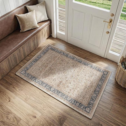 Entryway Rug 2x3 Brown Washable Vintage Entryway Area Rug Distressed Oriental Neutral Non Slip Low Pile Door Mat Soft Retro Small Throw Thin Indoor Carpet for Entry Entrance Kitchen Bathroom Bedroom