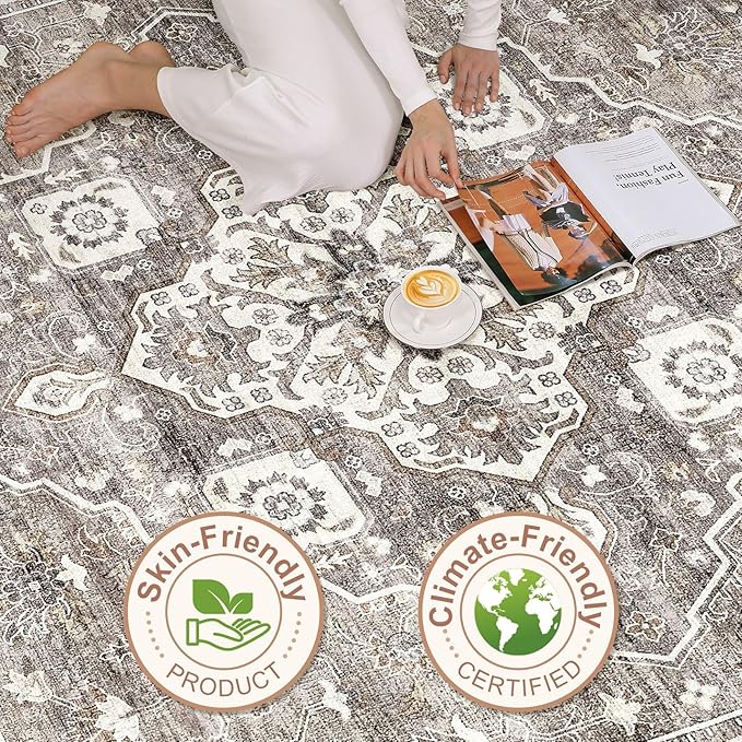6x8 Area Rug Living Room: Washable Boho Large Neutral Vintage Soft Rug Stain Resistant Farmhouse Non-Slip Indoor Rustic Floor Carpet for Bedroom Nursery Kids Playroom Office Dining Room- Dark Brown