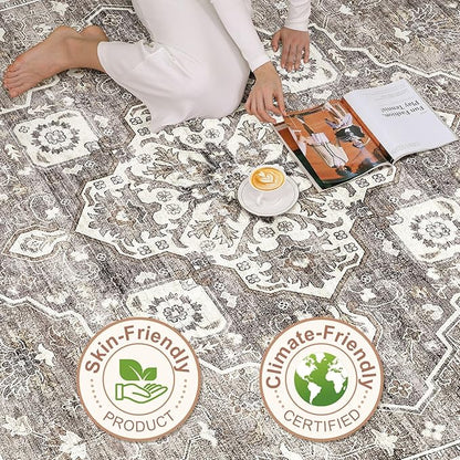 7x10 Area Rug Living Room: Washable Boho Large Neutral Vintage Soft Rug Stain Resistant Farmhouse Non-Slip Indoor Rustic Floor Carpet for Bedroom Nursery Kids Playroom Office Dining Room- Dark Brown