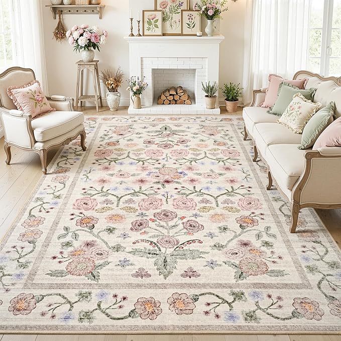 Maxsoft 8x10 Area Rugs for Living Room Bedroom, Floral Vintage Large Rug with Rubber Backing: Soft Non-Slip and Washable Low Pile Throw Carpet for Dining Room Kitchen Home Decor, Pink