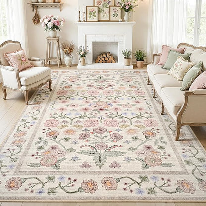 Maxsoft 8x10 Area Rugs for Living Room Bedroom, Floral Vintage Large Rug with Rubber Backing: Soft Non-Slip and Washable Low Pile Throw Carpet for Dining Room Kitchen Home Decor, Pink