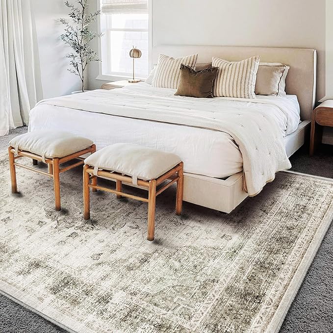 CHAMPLANT Washable Area Rug 10'x14' Floral Khaki Boho Design Non-Shedding Easy Care Ideal for High Traffic Areas in Living Room Bedroom Office Coffee Table Kitchen Large Carpet