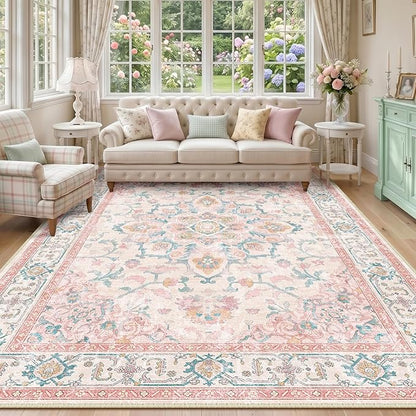 CAPALOCA Machine Washable Rugs Nursery Rug 9x12 Cute Girl Non Slip Low Pile Water Repellent Soft Print Pattern for Bedroom Indoor Decor Kids Playroom Pink Teal