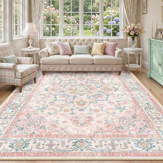 CAPALOCA Machine Washable Rugs Nursery Rug 9x12 Cute Girl Non Slip Low Pile Water Repellent Soft Print Pattern for Bedroom Indoor Decor Kids Playroom Pink Teal