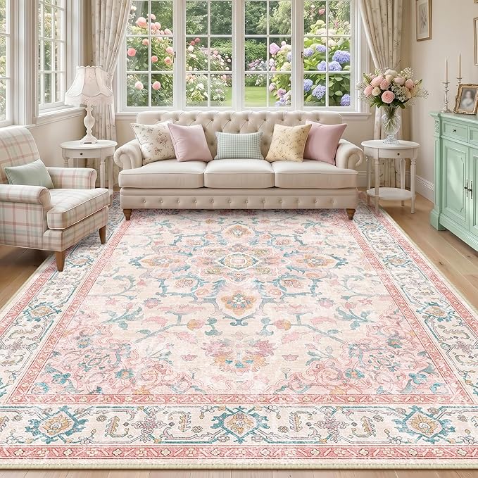 CAPALOCA Machine Washable Rugs Nursery Rug 8x10 Cute Girl Non Slip Low Pile Water Repellent Soft Print Pattern for Bedroom Indoor Decor Kids Playroom Pink Teal
