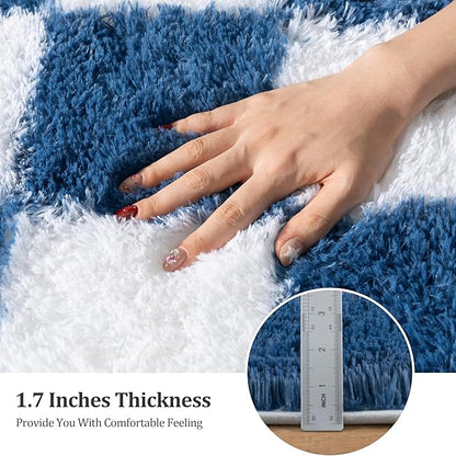 Checkered Rugs for Bedrooms, 4x5.9 Blue and White Carpet for Living Room, Fluffy Shaggy Area Rug for Kids Room, Soft Non Slip Aesthetic Decor for Home