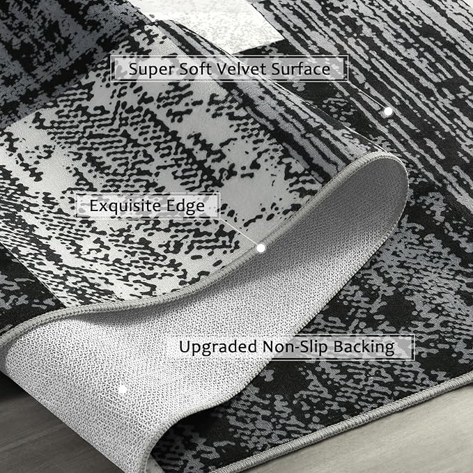 FlyDOIT Modern Geometric Patchwork Runner Rug, 2.7x10 Grey Runners for Hallways Non Slip, Washable Indoor Bedside Rugs for Bedroom, Floor Throw Carpet Runners for Entryway Kitchen Bathroom Laundry