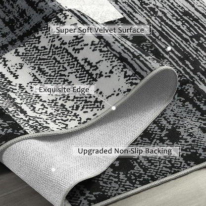 FlyDOIT Modern Geometric Patchwork Runner Rug, 2.7x10 Grey Runners for Hallways Non Slip, Washable Indoor Bedside Rugs for Bedroom, Floor Throw Carpet Runners for Entryway Kitchen Bathroom Laundry