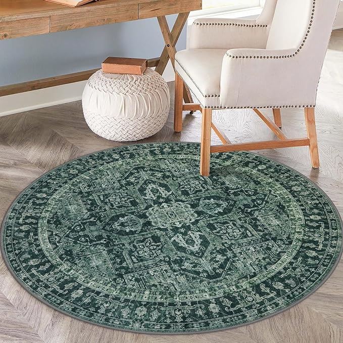 KOZYFLY Round Rug 6 Ft Rugs for Entryway Washable Circle Rug Non Slip Round Living Room Rugs Printed Faux Wool Round Dining Room Floor Carpet Floor Carpet for Entryway, Bedroom, Dark Green