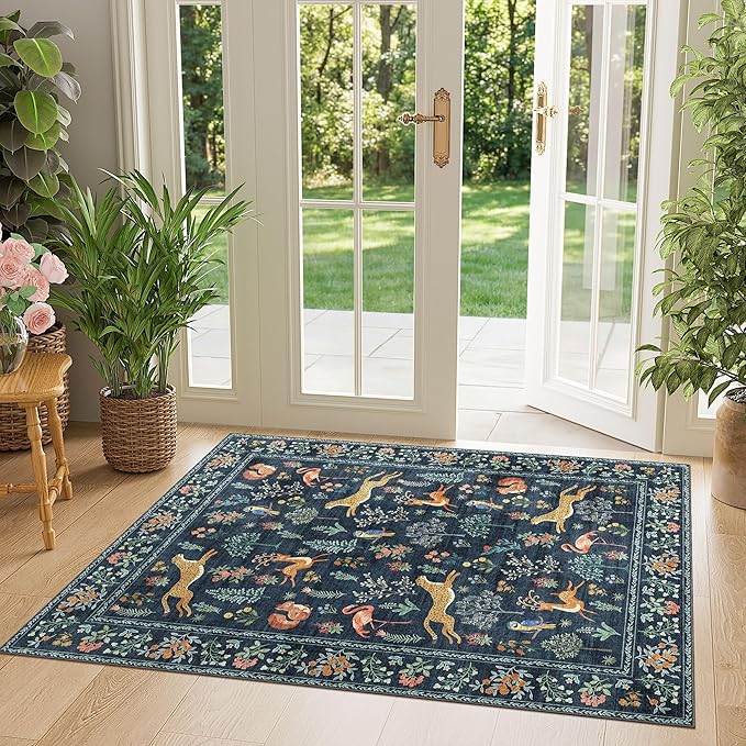 DUKINO 3x4 Washable Entryway Rug, Vintage Animal Ultra Soft Kitchen Area Rug with Non Slip Backing, Low Pile & Stain Resistant Indoor Door Mat for Bathroom, Bedroom, Laundry Room, Office, Navy Blue