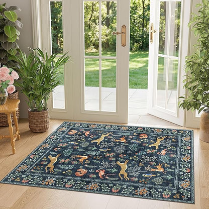 DUKINO 3x4 Washable Entryway Rug, Vintage Animal Ultra Soft Kitchen Area Rug with Non Slip Backing, Low Pile & Stain Resistant Indoor Door Mat for Bathroom, Bedroom, Laundry Room, Office, Navy Blue