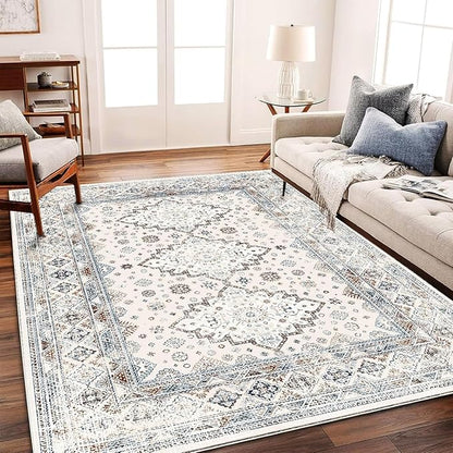 CHAMPLANT Washable Area Rug 9x12 Retro Flowers Boho Design Non-Shedding Easy Care Ideal for High Traffic Areas in Living Room Bedroom Office Coffee Table Kitchen Large Carpet