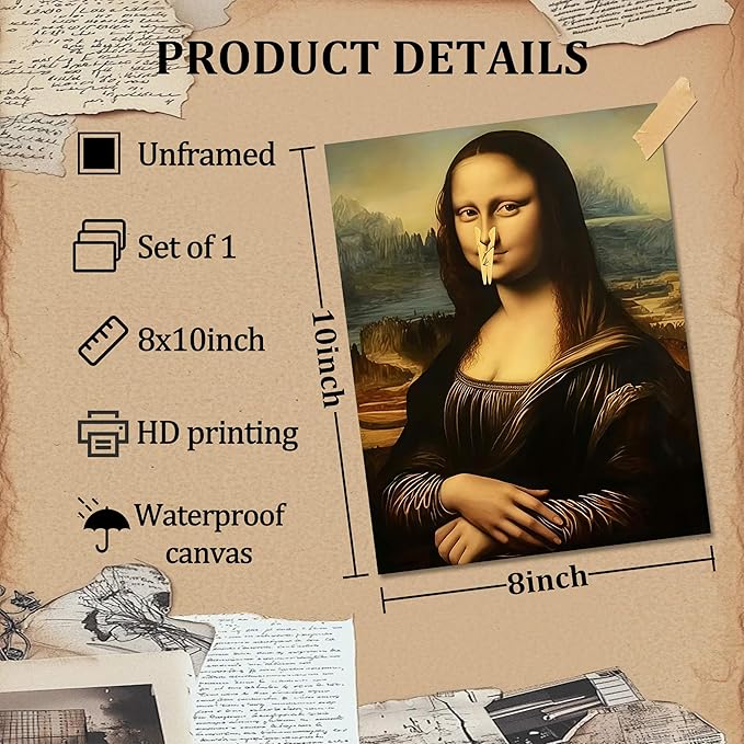 XYHYRA Funny Mona Lisa Bathroom Wall Art, Mona Lisa with Clothespin Nose Painting Print, Vintage Humorous Restroom Wall Decor Canvas Poster for Toilet Bathroom Home Decor 8x10 Inch Unframed