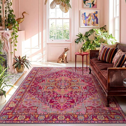 Kokia 9x12 Washable Magenta Hot Pink Area Rugs with Vintage Orient Design, Soft Rug for Living Room or Bedroom, Non-Slip Low Pile Stain Resistance Features, Distressed Medallion Pattern