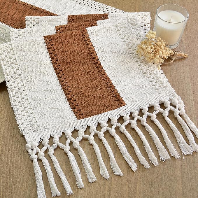 FEXIA Boho Table Runner with Tassels 72 Inches Long for Summer Home Decor Farmhouse Rustic Macrame Burlap Table Decoration for Living Room Dining Room, Reddish Brown(12x72 Inches)