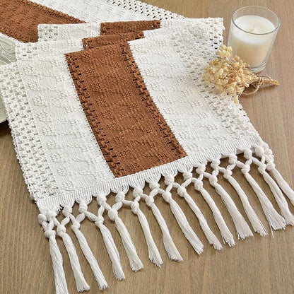 FEXIA Boho Table Runner with Tassels 72 Inches Long for Summer Home Decor Farmhouse Rustic Macrame Burlap Table Decoration for Living Room Dining Room, Reddish Brown(12x72 Inches)