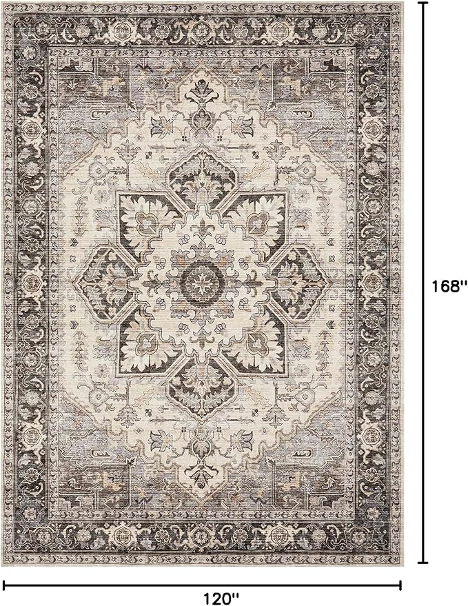 Area Rug for Living Room - 10x14 Soft Machine Washable Oriental Vintage Floral Distressed Large Indoor Floor Carpet for Bedroom Under Dining Table Home Office Decor - Grey Brown