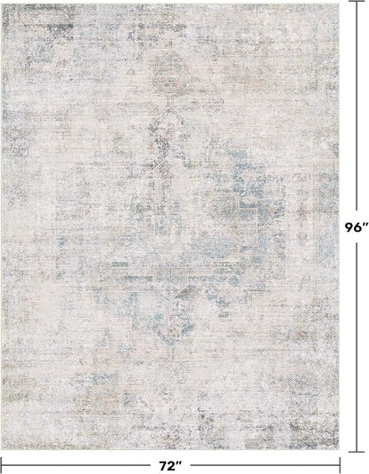 Hazo Haus Light Blue Farmhouse Area Rug for Bedroom - 6x8 Washable Rug for Dining Room Table, Ultra-Thin Soft Textured Dusty Blue Boho Indoor Decor, Fade & Stain Resistant