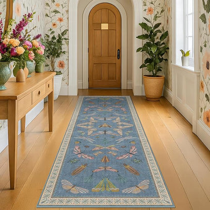 Hazo Haus Boho Non Slip Kitchen Rug Runner - 2x6 Blue Washable Rug for Bathroom, Laundry Room, Hallway, Non Slip with Rubber Backing, Insect Print Unique Runner
