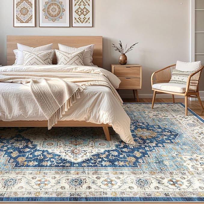 10x12 Area Rug Living Room: Washable Boho Large Neutral Vintage Soft Rugs Stain Resistant Farmhouse Non-Slip Indoor Floor Retro Carpet for Bedroom Nursery Kids Office Dining Room- Navy Beige