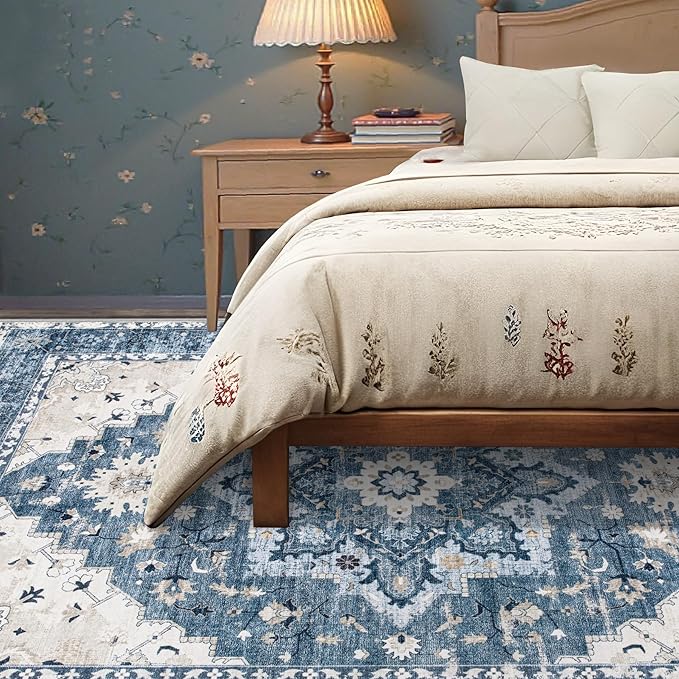 Area Rug 6x9 Vintage Rug: Washable Indoor Medallion Rugs Low Pile Distressed Floor Carpet Retro Accent Rug for Living Room Bedroom Kitchen Dining Table Home Office(Blue, 6'x9')