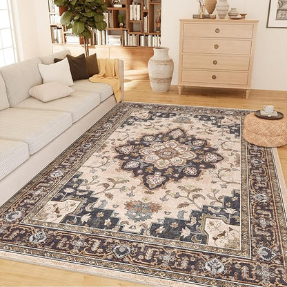 CAPALOCA Machine Washable Rugs Nursery Rug 5x7 Cute Girl Non Slip Low Pile Water Repellent Soft Print Pattern for Bedroom Indoor Decor Kids Playroom Coffeebeige