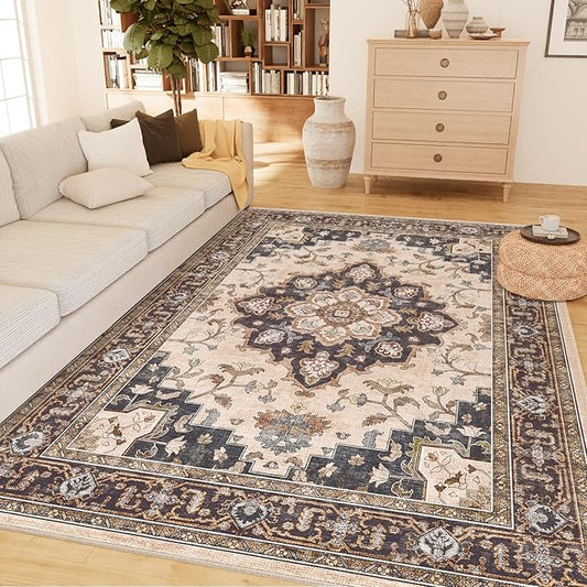 CAPALOCA Machine Washable Rugs Nursery Rug 6x9 Cute Girl Non Slip Low Pile Water Repellent Soft Print Pattern for Bedroom Indoor Decor Kids Playroom Coffeebeige