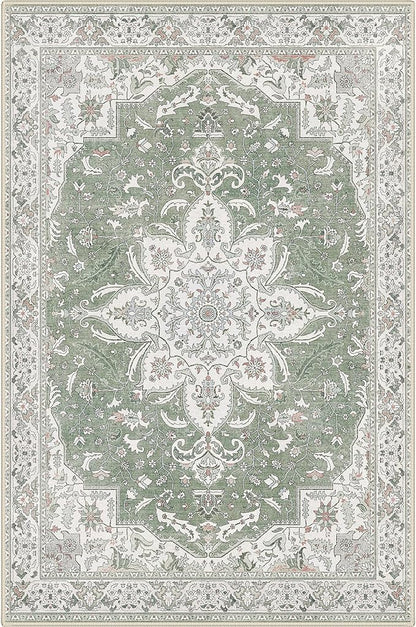 GENIMO 5X7 Washable Vintage Area Rugs for Living Room, Non-Slip Low Pile Chenille Print Rug, Soft Rugs for Bedroom Dining Room Home Office, Sage & Linen