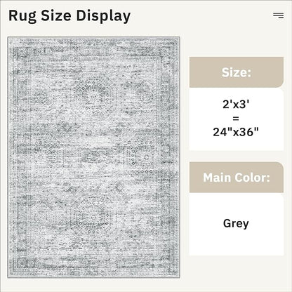 Soalmost 2x3 Washable Rugs for Kitchen, Floor, Entryway, Powder Room Small Area Rug Non-Slip Vintage Low Pile Throw Door Mat Grey