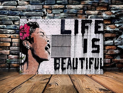 Yatsen Bridge Graffiti Street Art Banksy Art Women Painting Print on Canvas Life is Beautiful Home Artwork for Living Room Bedroom Decoration Framed Ready to Hang - 36" W x 24" H