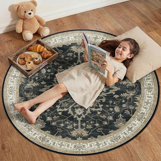 RELEANY Area Rugs Round 4ft Washable Non-Slip, Floral Vintage Distress Print Pattern Medallion Carpet for Living Room Bedroom Dining Room, Vintage Black Brown Neutral