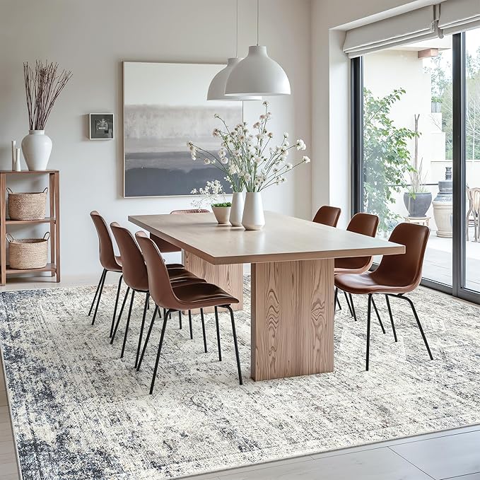 Soalmost Washable Area Rug 8x12, Large Soft Rugs for Living Room Vintage Blue Ivory Carpet 8x12 Area Rugs for Bedroom Dining Room Non-Slip Stain Resistant Under Table Rug