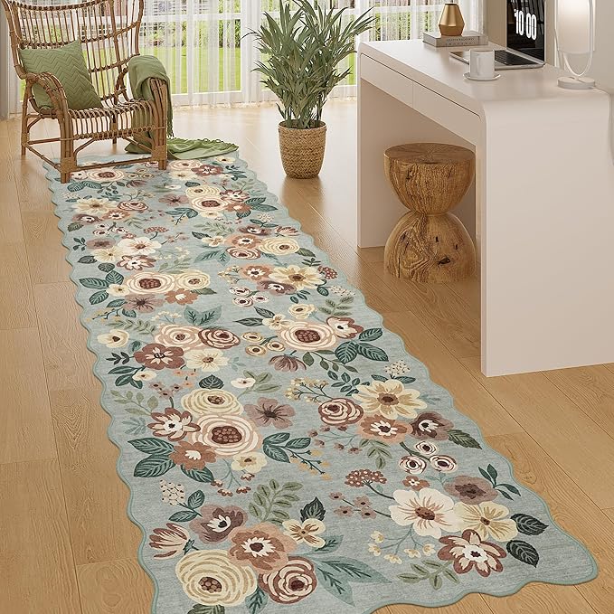 DUKINO 2.6x8 Runner Rug for Hallway, Washable Kitchen Rug with Non Slip Backing & Non-Shediing, Soft Low Pile Floral Design Runner for Bedroom, Kithchen, Living Room, Laundry, Bathroom, Sage Green