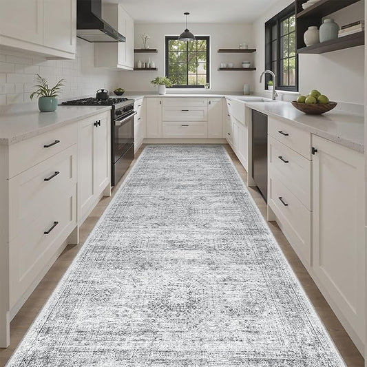 Soalmost 4x12 Wide Hallway Runners: Washable 12ft Runner Rug for Entryway Living Room Soft Vintage Non Slip Carpet Runner for Kitchen Dining Room Nursery Bedroom (Grey, 4x12ft)