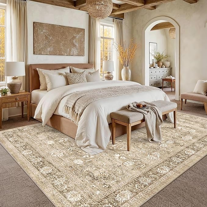 9x12 Beige Washable Area Rugs for Living Room Non Slip Low Pile Vintage Throw Rug Khaki Soft Retro Distressed Floral Large Carpet Indoor for Bedroom Dining Room Office Kitchen Playroom