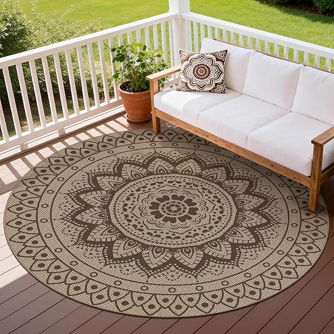 Easy Jute Outdoor Round Rug, 6ft Washable Indoor Outdoor Patio Rug, Brown Non Slip Round Area Rug Farmhouse, Boho Carpet for Backyard Patio