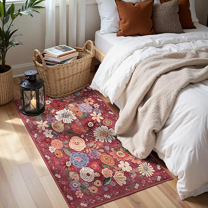 2x4 Entryway Runner Rugs, Non Slip Washable Rugs with Rubber Backing Soft Floral Carpet Runner for Kitchen, Laundry, Bedroom, Bathroom, Red Garden, 2 x 4