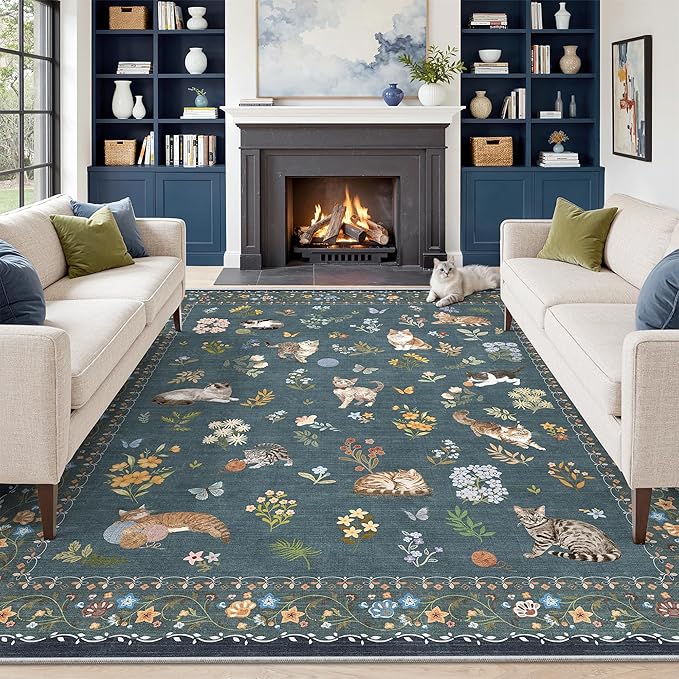 Soalmost Cat 8x10 Area Rugs for Living Room, Machine Washable Animal Floral Vintage Rug Non-Slip Low Pile Soft Throw Large Rugs for Classroom Bedroom Dining Room Nursery Playroom (8 x 10,Navy Blue)