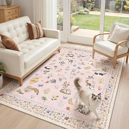 Soalmost Cat 3x5 Area Rugs for Entryway, Machine Washable Animal Floral Accent Rug Non-Slip Low Pile Soft Throw Rugs for Kitchen Bedside Living Room Bedroom Kids Room (3 x 5,Pink)