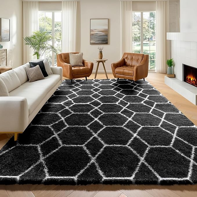 ONASAR 7x9 Area Rugs for Living Room Bedroom, Large Fluffy Black and White Throw Rug, Geometric Soft Plush Shaggy Indoor Floor Carpet for Nursery Kids Girls Boys Teen Dorm Home Decor Aesthetic