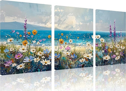 TutuBeer 3 Pcs Boho Beach Coastal Vintage Floral Wall Picture Rustic Wildflower Field Vintage Wall Art Canvas Prints Daisy Flowers Sea Canvas Print Farmhouse Wall Art for Home Wall Decor 12x16inchx3