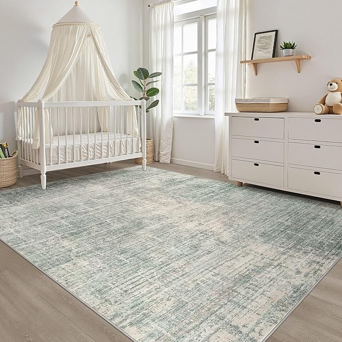 7x9 Area Rug Living Room: Washable Large Neutral Green Rugs Abstract Soft Modern Stain Resistant Indoor Floor Non-Slip Carpet for Bedroom Nursery Kids Office Playroom Dining Room Under Table Home
