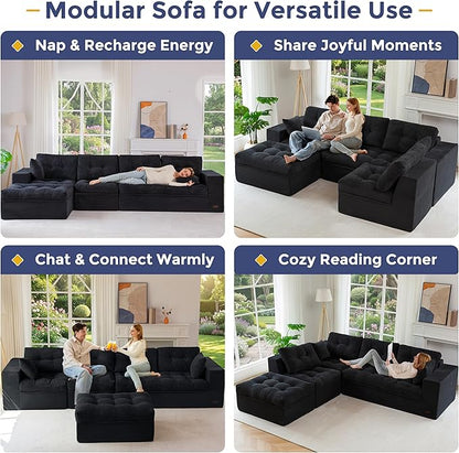 MAXYOYO 132" L Shaped Modular Sectional Sofa with Ottoman, Cloud Boneless Couch with Layered Cushion, Upholstered Sofa in a Box, Flexible Module Combination for Living Room, No Assembly, Black