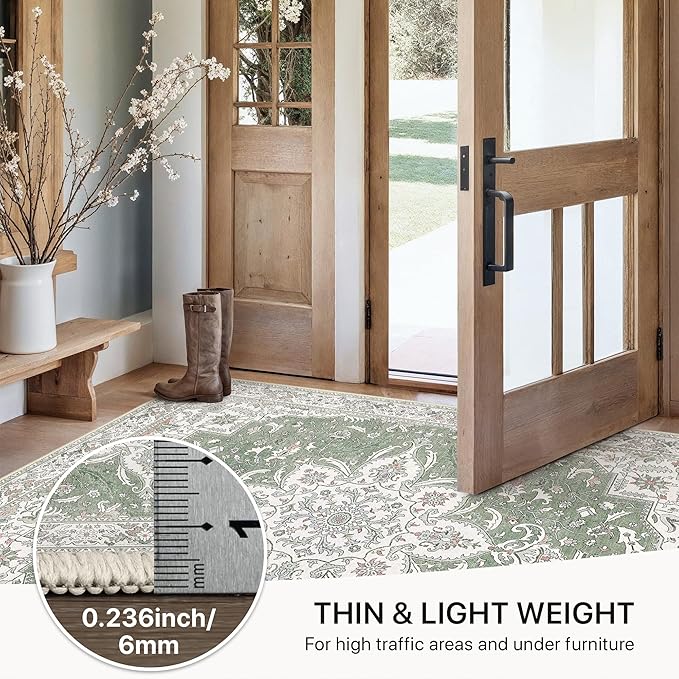 GENIMO 2X6 Washable Vintage Runner Rug for Hallway, Non-Slip Low Pile Chenille Print Rug, Soft Rugs for Indoor Entryway Kitchen Corridor, Sage & Linen