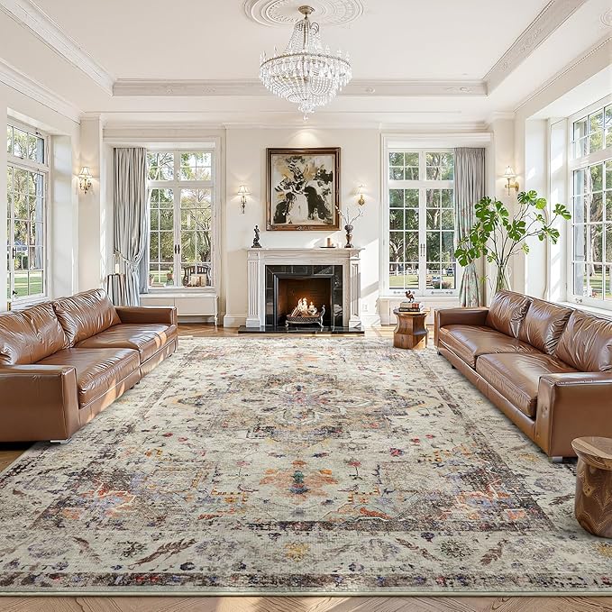 YOH Boho Washable Rug 9x12, Vintage Multi Non Slip Area Rug, Distressed Indoor Carpet for Living Room Bedroom Kitchen Office