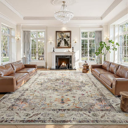 YOH Boho Washable Rug 9x12, Vintage Multi Non Slip Area Rug, Distressed Indoor Carpet for Living Room Bedroom Kitchen Office